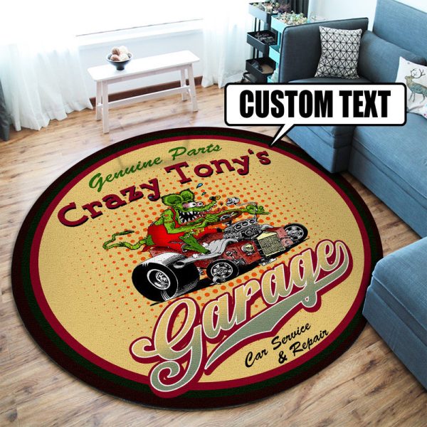 Personalized Hot Rod Garage Decor, Home Bar Decor Car Service And Repair Round Mat - Image 2