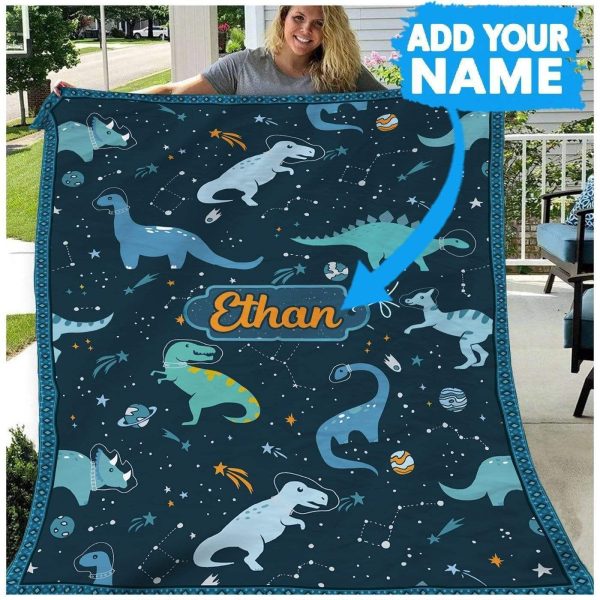 Ethan Dinosaur Space Custom Name Printed Fleece Blanket