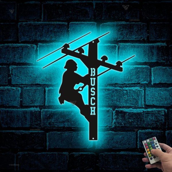 Custom Lineman Metal Wall Art Led Lights, Personalization Electrician - Image 2